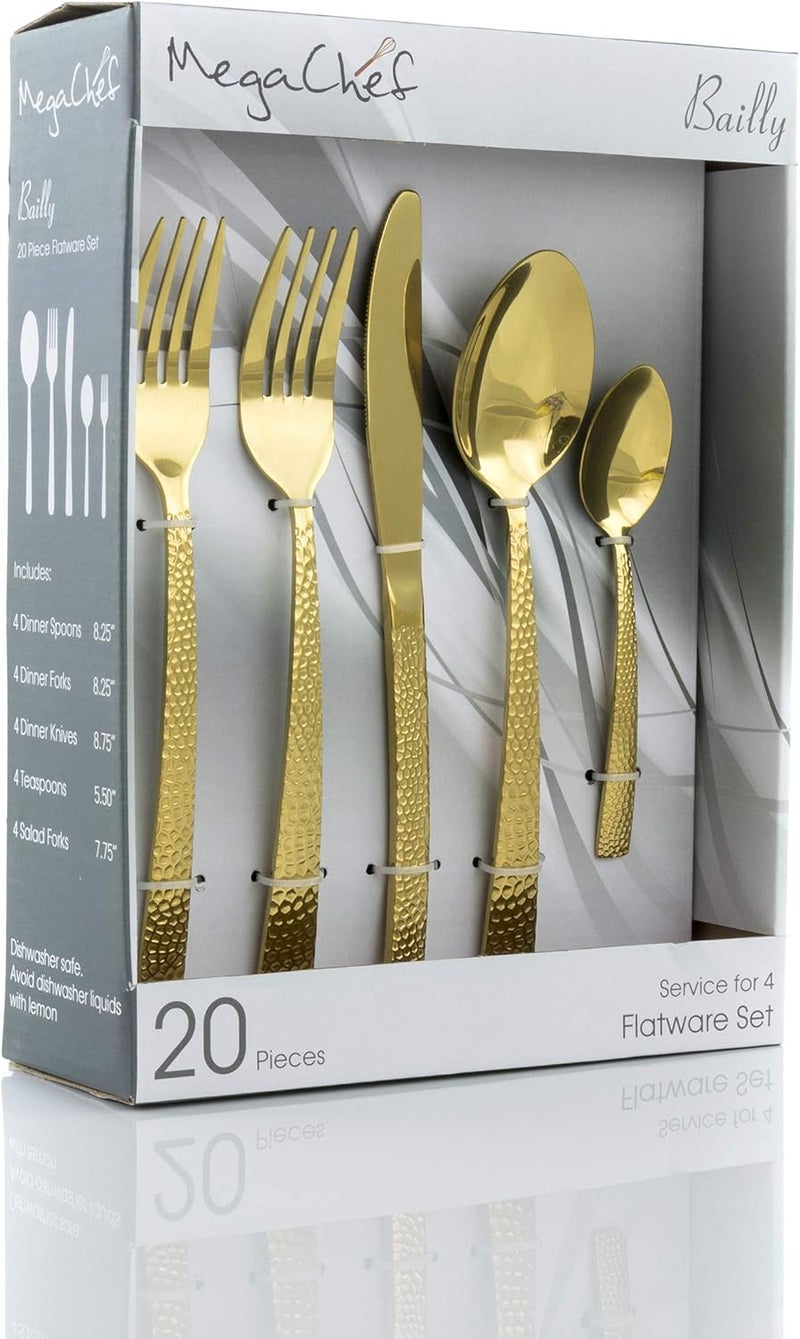 MegaChef Baily 20 Piece Flatware Utensil Set Stainless Steel Silverware Metal Service for 4 in Gold - Image 1