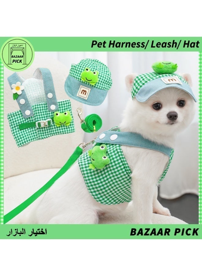 Pet Harness Set with Leash Chest Strap and Hat Cute Green Plaid Frog 3-Piece Outfit for Cats and Dogs Home and Outdoor Wear Size XL - Image 1
