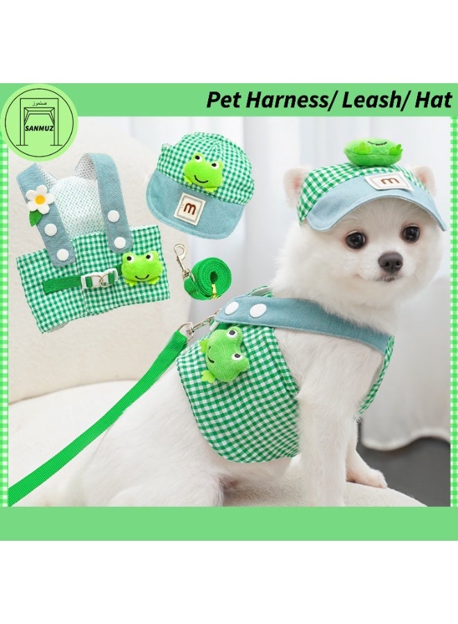 Pet Harness Set with Leash Chest Strap and Hat Cute Green Plaid Frog 3-Piece Outfit for Cats and Dogs Home and Outdoor Wear Size XL - Image 3