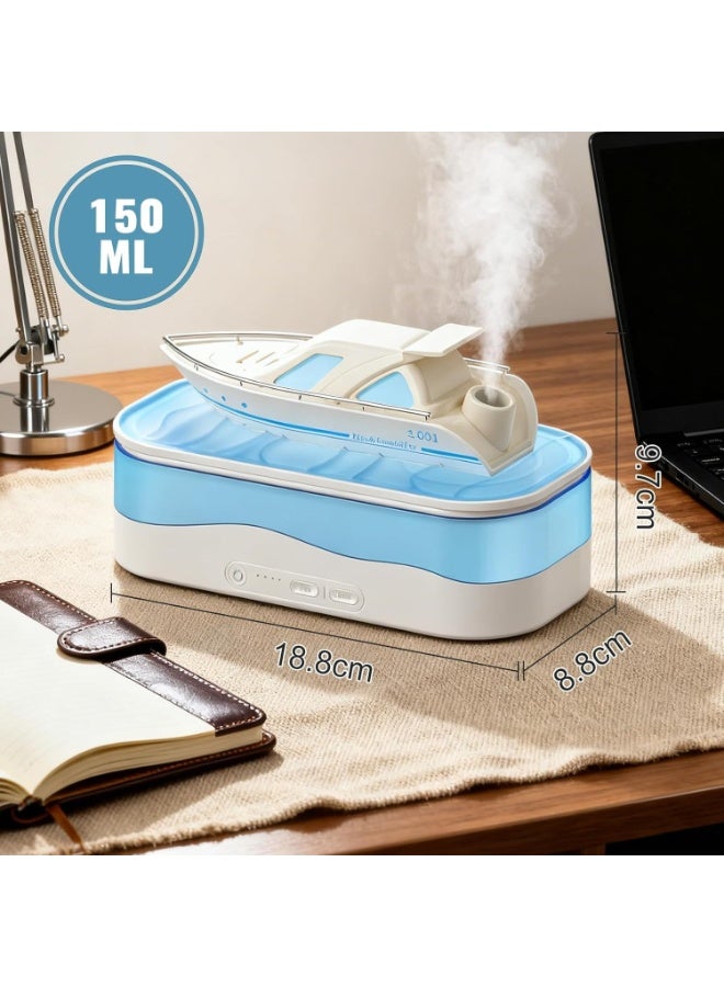 Essential Oil Diffuser, Boat Shape, Ultrasonic Humidifier with RGB Light and Timer, 150ml for Bedroom, Office and Decoration - Image 1