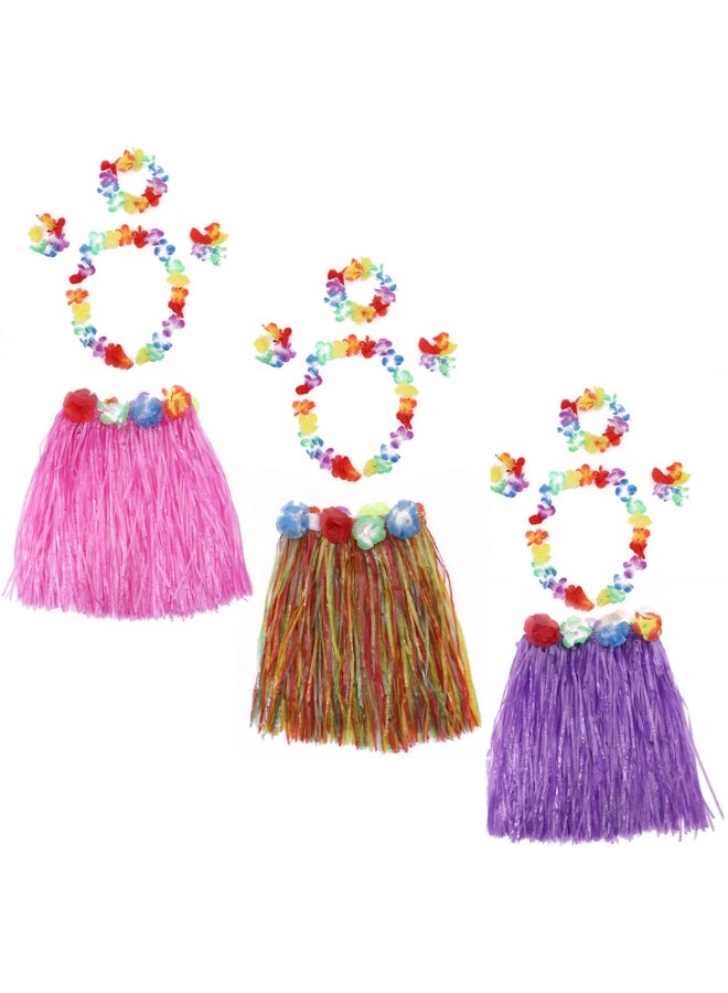 Hawaiian Hula Grass Skirt Set, 40cm, 3 Colours, with Flower Accessories, Party Costume Kit - Image 1
