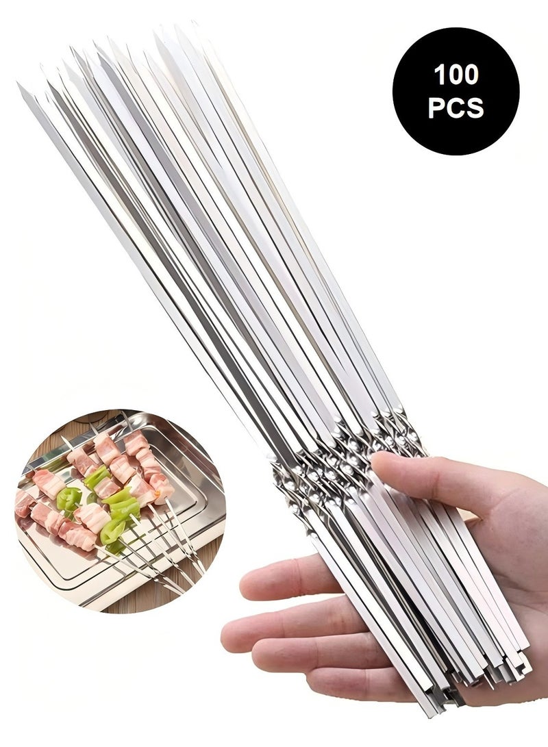 100PCS 35cm BBQ Skewers Stainless Steel Skewers Meat Sticks BBQ Kebab Skewers Metal Flat Roasting Fork Turkish Grill Skewer Camping Picnic Tool  - Image 1