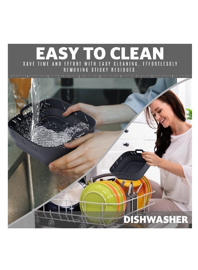 بطانات سيليكون لقلايات الهواء، سلة سيليكون مربعة 8.5 بوصة لقلايات الهواء، مقاومة للحرارة وسهلة التنظيف، ملحقات أفران الهواء، وعاء سيليكون قابل لإعادة الاستخدام مع فاصل، رمادي - Image 3