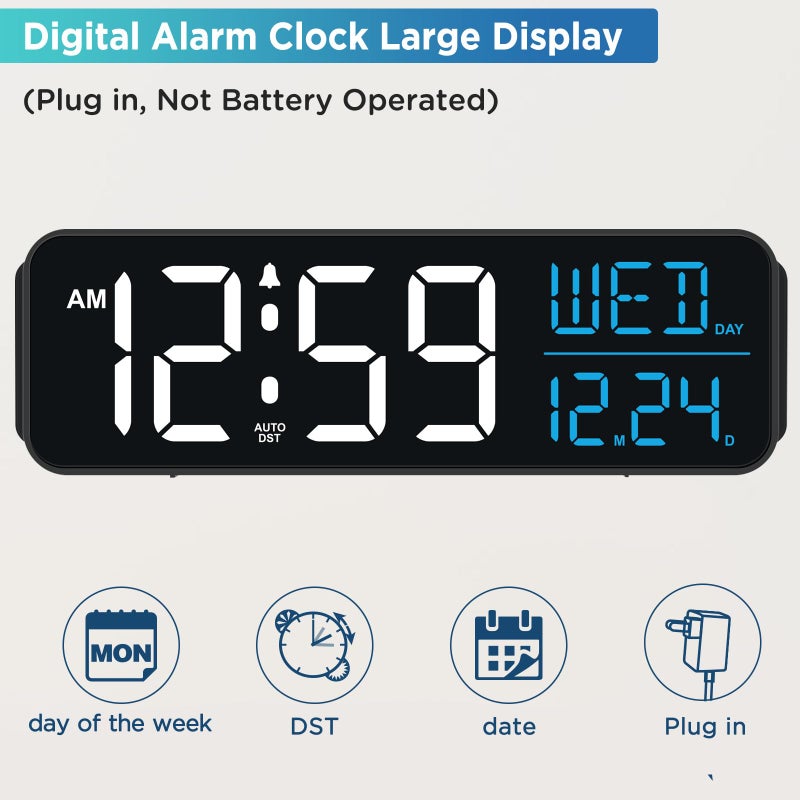 Peakeep Large Display Digital Alarm Clock for Bedrooms, Date Day of Week Calendar Desk Table Clocks for Living Room Office, Dimmable Plug in Electric Clock, 5 Volumes, Loud, Auto DST - Image 2