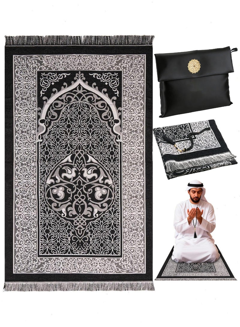 مجموعة من 3 قطع من سجادة الصلاة في رمضان - سجادة الصلاة + مسبحة إسلامية + حقيبة تخزين مريحة، سجادة الصلاة الأساسية لطقوس العبادة العائلية في رمضان، قابلة للحمل ومتينة - Image 1