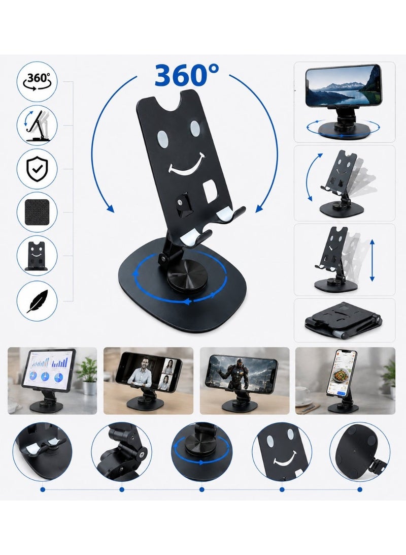 حامل موبايل مكتبي معدني قابل للطي والتعديل - تصميم وجه مبتسم فريد - قاعدة دوارة 360 درجة - متوافق مع جميع الهواتف الذكية وأجهزة التابلت الصغيرة (لون أسود) - Image 1