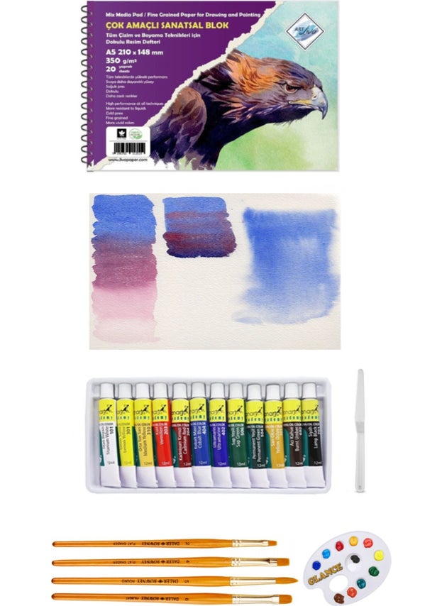 Art Liva Artistic Drawing Notebook A5 20 Yp 350 gr (Aqueous Technique) Fanart 12X12 ml Oil Paint Set