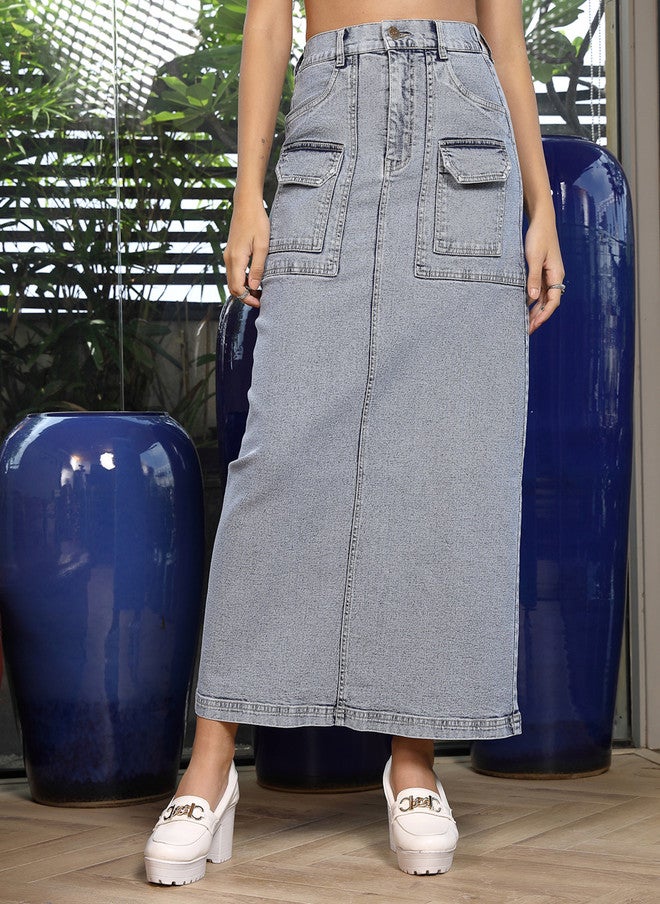 PlusS A-Line Denim Midi Skirt for Women - Image 2