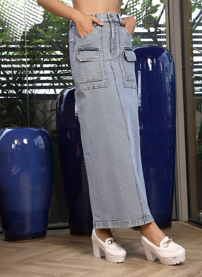 PlusS A-Line Denim Midi Skirt for Women - Image 3
