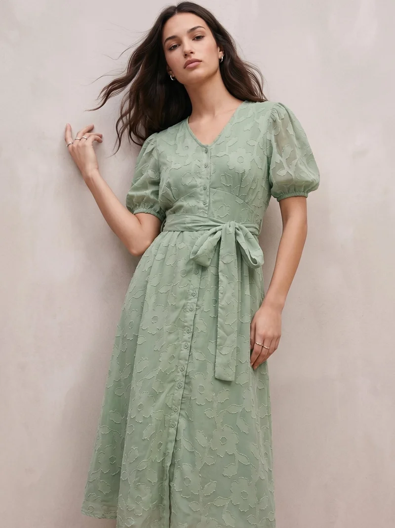 أوجيدر Green Midi Length A Line Dress In Jacquard Fabric