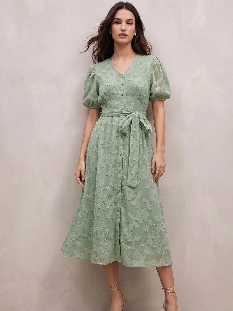 Green Midi Length A Line Dress In Jacquard Fabric