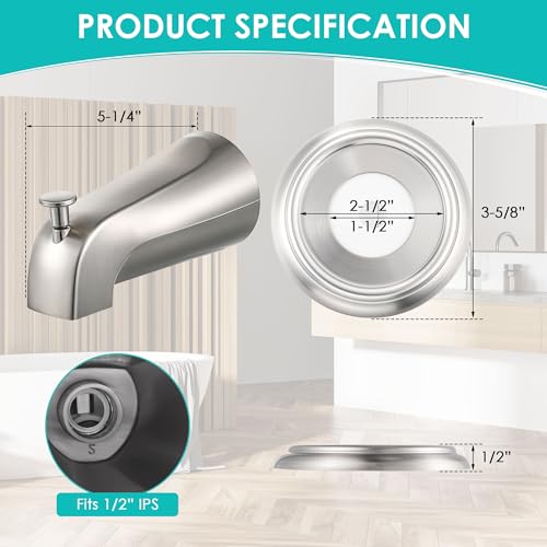 Enhon Universal Bathroom Tub Spout with Metal Tub Spout Cover Ring 5 14 Inches Reach Wall Front Mount Faucet with Shower Diverter 12 IPS Inside ThreadBrushed Nickel - Image 3