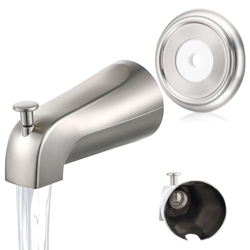 Enhon Universal Bathroom Tub Spout with Metal Tub Spout Cover Ring 5 14 Inches Reach Wall Front Mount Faucet with Shower Diverter 12 IPS Inside ThreadBrushed Nickel - Image 1