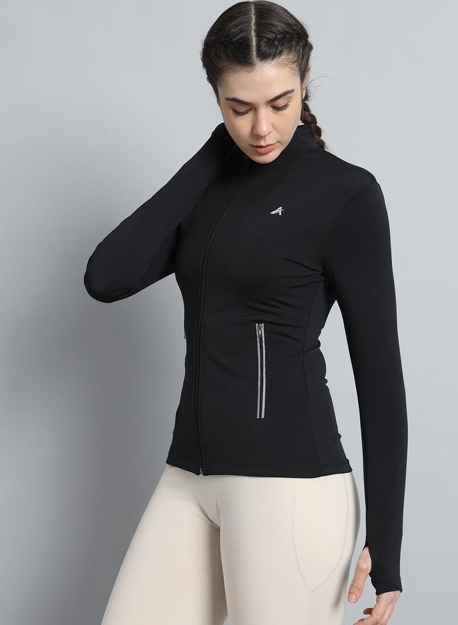 ATHLISIS Women’s Full Zip Training Jacket with High Neck & Thumbhole Sleeves | Quick-Dry Stretchable Activewear for Gym, Yoga, Running & Sports (in, Alpha, 2XL, Regular, Black 1) - Image 3