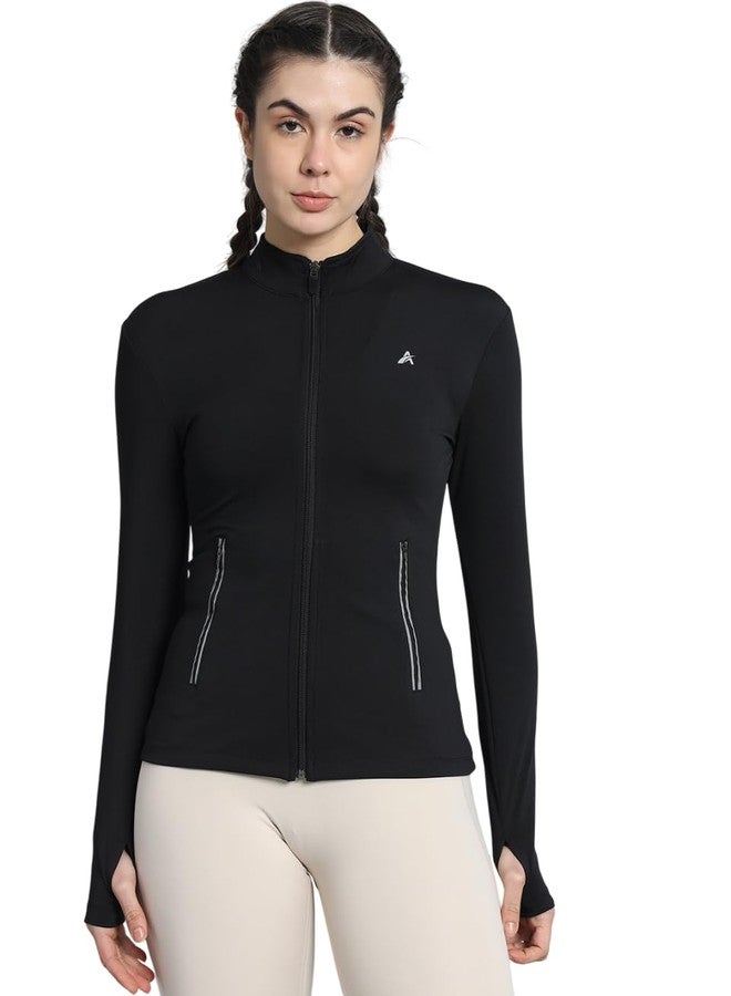 ATHLISIS Women’s Full Zip Training Jacket with High Neck & Thumbhole Sleeves | Quick-Dry Stretchable Activewear for Gym, Yoga, Running & Sports (in, Alpha, 2XL, Regular, Black 1) - Image 1