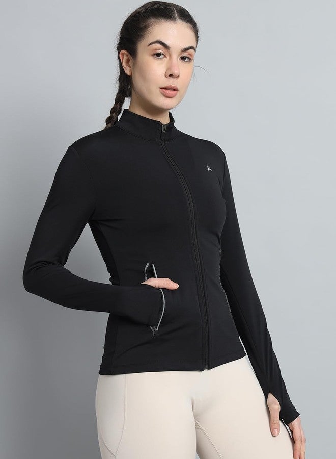 ATHLISIS Women’s Full Zip Training Jacket with High Neck & Thumbhole Sleeves | Quick-Dry Stretchable Activewear for Gym, Yoga, Running & Sports (in, Alpha, 2XL, Regular, Black 1) - Image 4