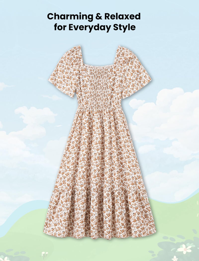 PATPAT Mommy and Me Outfits Family Matching Outfits Summer Easter Vacation Photo Ditsy Floral Printed Maxi Sundress Mommy and Me Easter Dresses Apricot Floral for Women L - Image 4