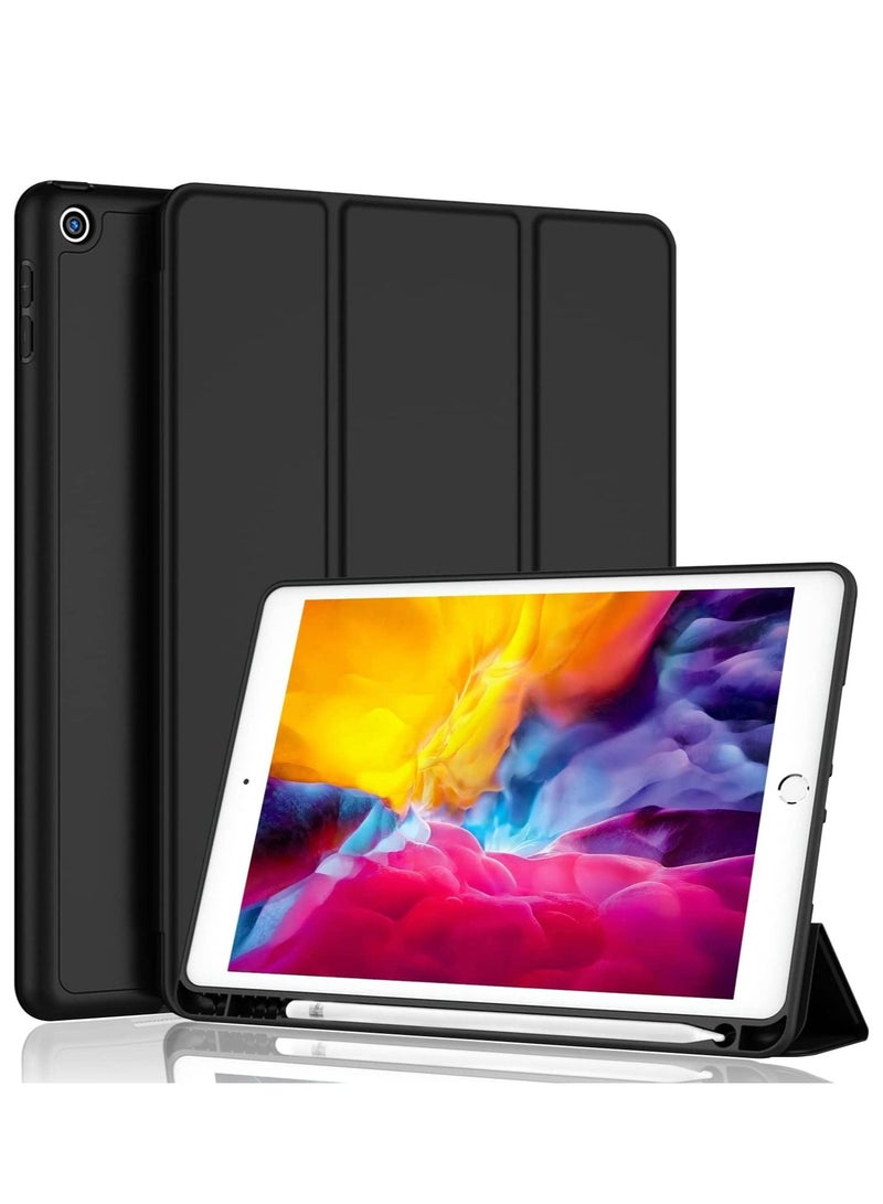 حافظة لجهاز iPad من الجيل السادس، حافظة لجهاز iPad من الجيل الخامس مقاس 9.7 بوصة مع حامل قلم، حامل ثلاثي الطيات ذكي، غطاء خلفي بخاصية السكون التلقائي لجهاز iPad 2018 2017 مقاس 9.7 بوصة، لون أسود - Image 1