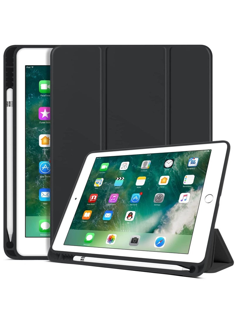 حافظة لجهاز iPad من الجيل السادس، حافظة لجهاز iPad من الجيل الخامس مقاس 9.7 بوصة مع حامل قلم، حامل ثلاثي الطيات ذكي، غطاء خلفي بخاصية السكون التلقائي لجهاز iPad 2018 2017 مقاس 9.7 بوصة، لون أسود - Image 3