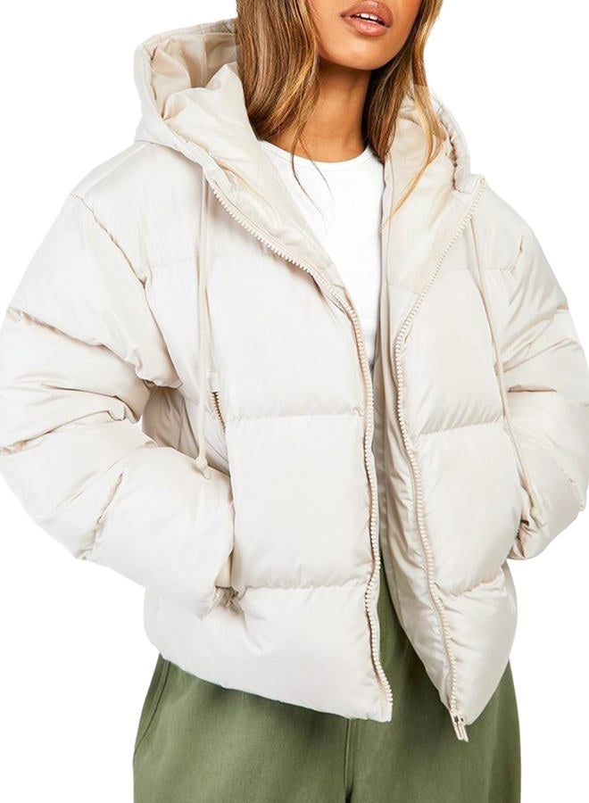 Yimoon Women's Cropped Puffer Jacket Long Sleeve Lightweight Hooded Quilted Jacket Winter Warm Outwear with Pockets, Beige, S - Image 1