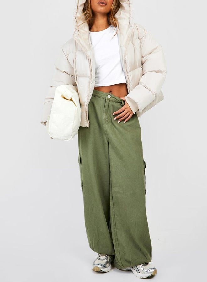Yimoon Women's Cropped Puffer Jacket Long Sleeve Lightweight Hooded Quilted Jacket Winter Warm Outwear with Pockets, Beige, S - Image 3