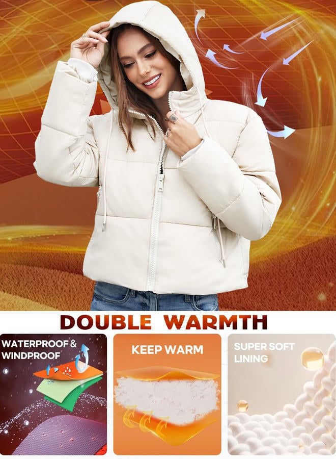 Yimoon Women's Cropped Puffer Jacket Long Sleeve Lightweight Hooded Quilted Jacket Winter Warm Outwear with Pockets, Beige, S - Image 5
