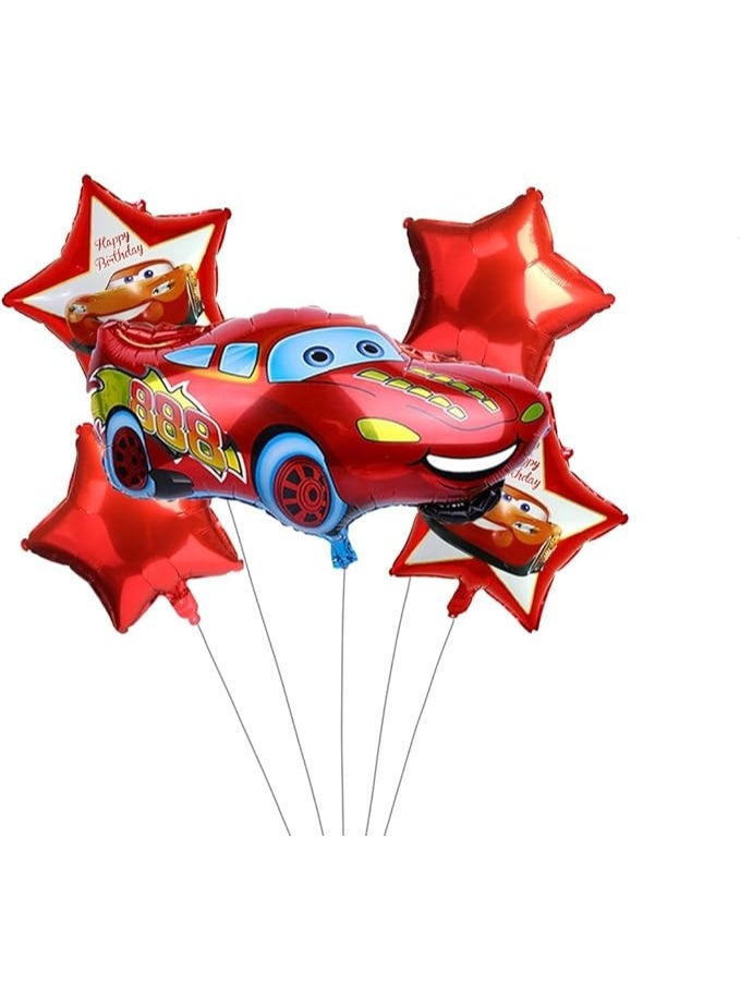 مجموعة بالونات فويل بطابع سيارات – 5 قطع لتزيين حفلات عيد الميلاد – ديكور سيارة سباق حمراء - Image 1