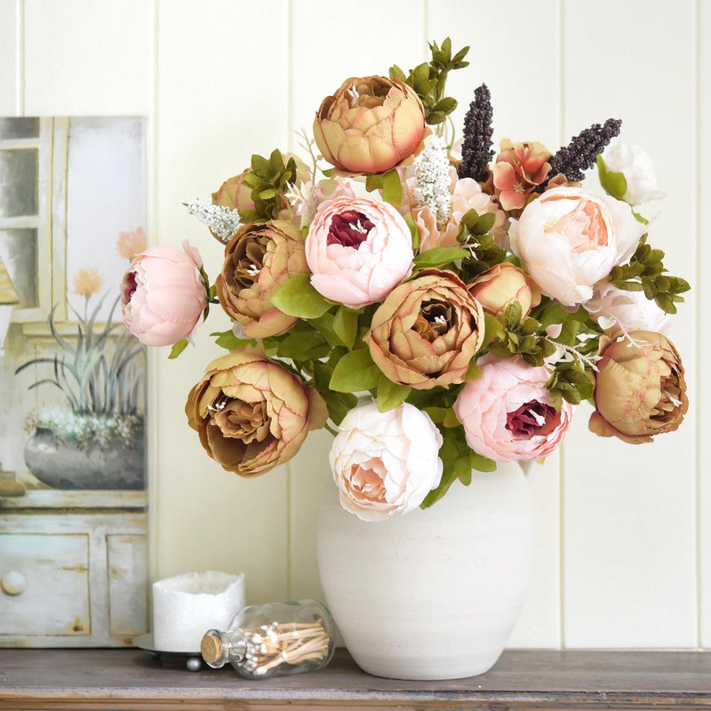 FiveSeasonStuff Artificial Peony Bouquets, 2 Silk Flower Bundles in Mixed Pale Pink & Tawny Brown with Hydrangeas for Wedding Centerpieces & Home Decor - Image 3