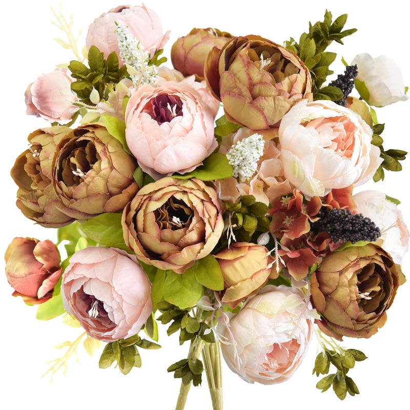 FiveSeasonStuff Artificial Peony Bouquets, 2 Silk Flower Bundles in Mixed Pale Pink & Tawny Brown with Hydrangeas for Wedding Centerpieces & Home Decor - Image 1