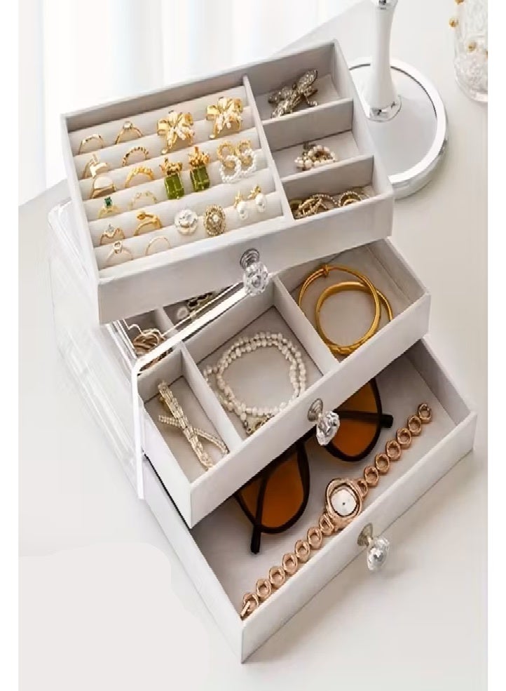 Clear acrylic jewelry organizer with 3 soft velvet-lined drawers. Multifunctional for storing earrings, rings, necklaces, watches and other accessories. Perfect for personal use or as an elegant gift. - Image 3