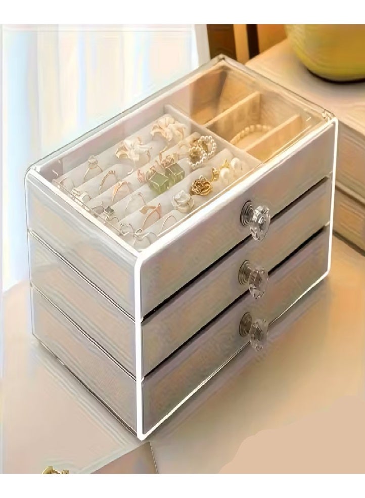 Clear acrylic jewelry organizer with 3 soft velvet-lined drawers. Multifunctional for storing earrings, rings, necklaces, watches and other accessories. Perfect for personal use or as an elegant gift. - Image 1