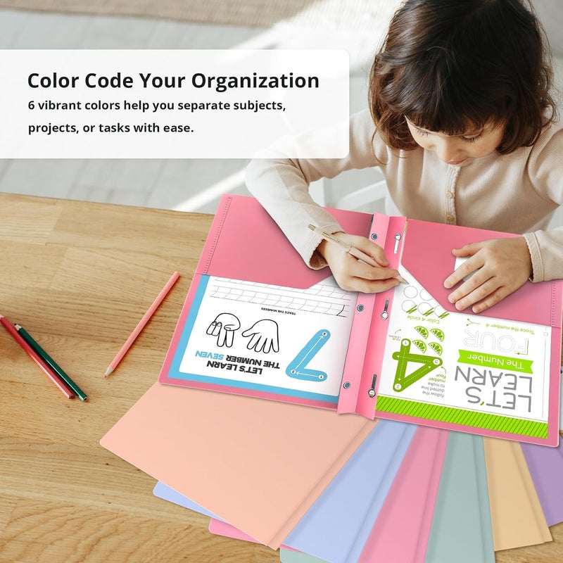 Plastic Folders with Pockets and Prongs (6 Pack, Pastel Colors), 2-Pocket Poly Folders with 3 Hole Punch and Business Card Slot, Fits Letter Size Paper, for School, Office, or Home Use - Image 4
