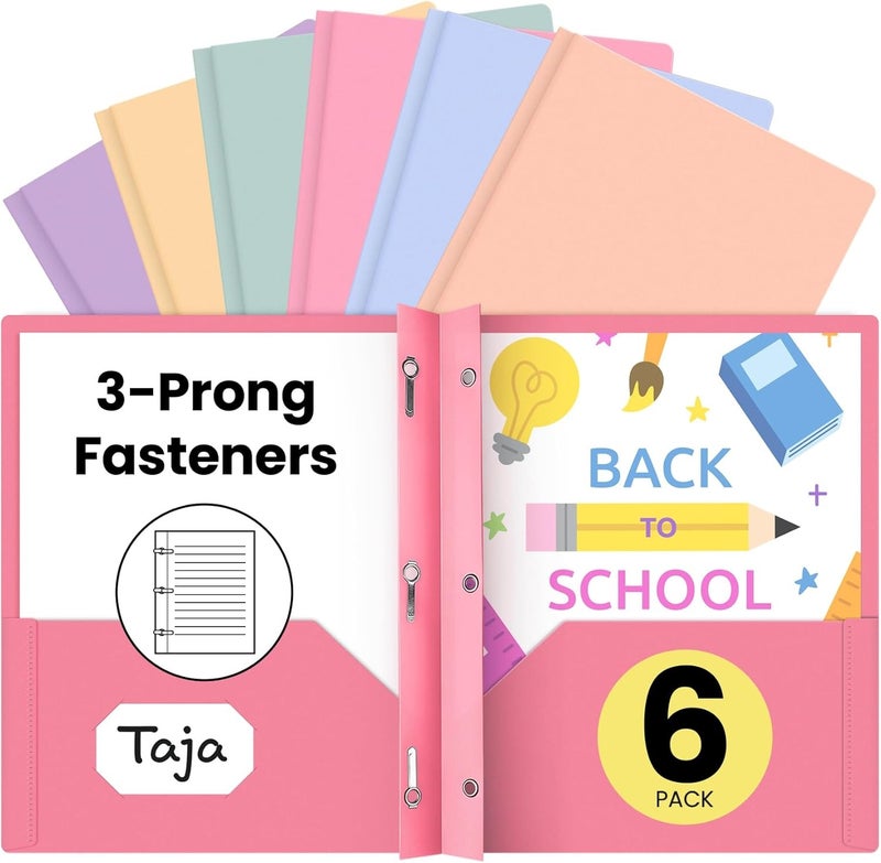 Plastic Folders with Pockets and Prongs (6 Pack, Pastel Colors), 2-Pocket Poly Folders with 3 Hole Punch and Business Card Slot, Fits Letter Size Paper, for School, Office, or Home Use - Image 1