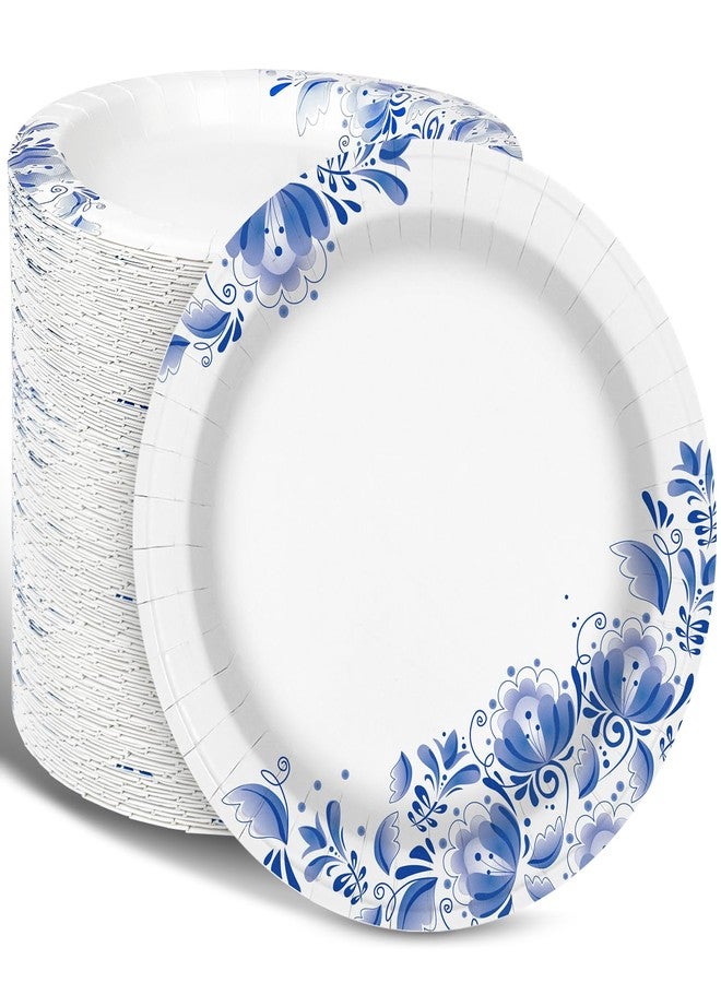 Charmount Paper Plates Bulk 8.5 Inch, 150pcs Disposable Plates, Blue Paper Plates for Parties and Daily Use, Soak Proof, Cut Proof, Flower Printed - Image 1
