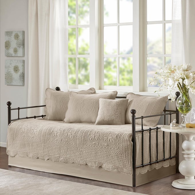 DAYBED COVER SET DAMASK QUILTED COVER FOR DAYBEDS ALL SEASON PREWASHED COTTONFILLED COASTAL BEDDING WITH SCALLOP EDGE SHAMS BEDSKIRT DCOR PILLOWS TUSCANY DAYBED KHAKI 6 PIECE