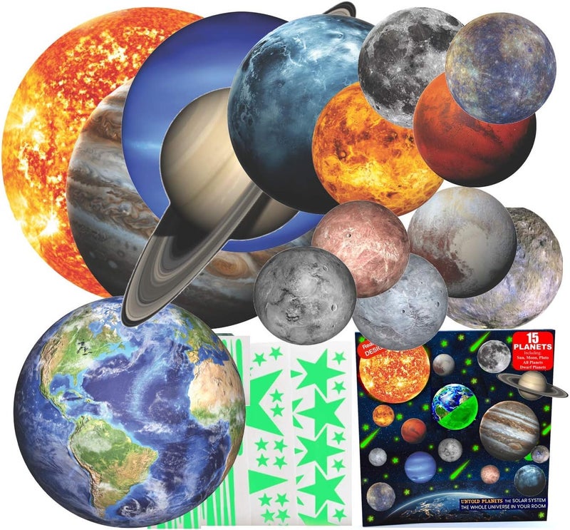 UNTOLD PLANETS كواكب غير مُروية 185+ قطعة نجوم تتلألأ في الظلام وملصقات نظام شمسي ثلاثية الأبعاد واقعية للسقف للأطفال - Image 1