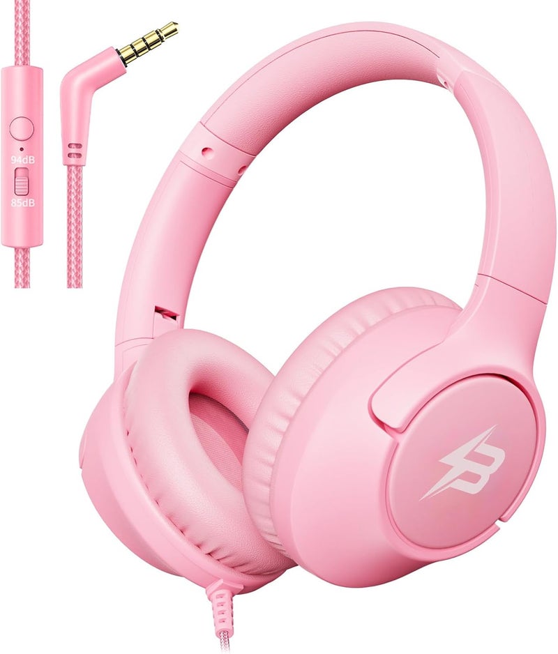 Botesty Sound Kids Headphones with Cord, 85/94dB Volume Limit, Wired Over-Ear Girls Headphones for Kids with Microphone Stereo Sound 3.5mm Plug Lightweight for Kindle Tablet School Airplane Travel, Pink - Image 1