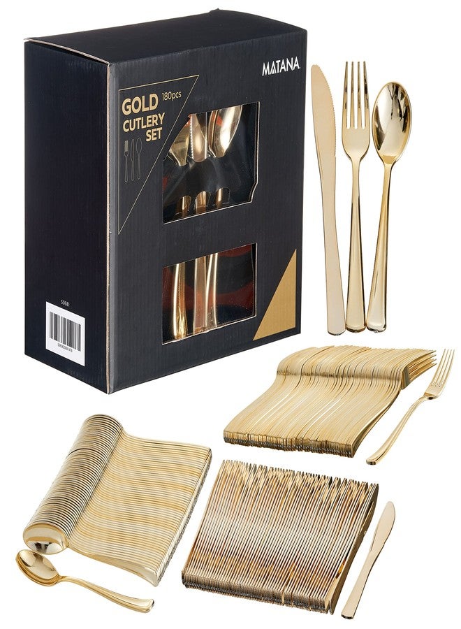 MATANA - 180 Gold Plastic Silverware Set (60 Knives 60 Forks 60 Spoons) Bulk Reusable Gold Plastic Cutlery Utensils for Party, Wedding, Dinner, Heavy Duty - Image 1