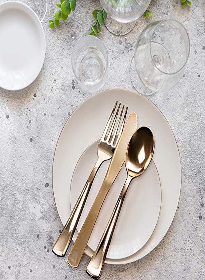MATANA - 180 Gold Plastic Silverware Set (60 Knives 60 Forks 60 Spoons) Bulk Reusable Gold Plastic Cutlery Utensils for Party, Wedding, Dinner, Heavy Duty - Image 2