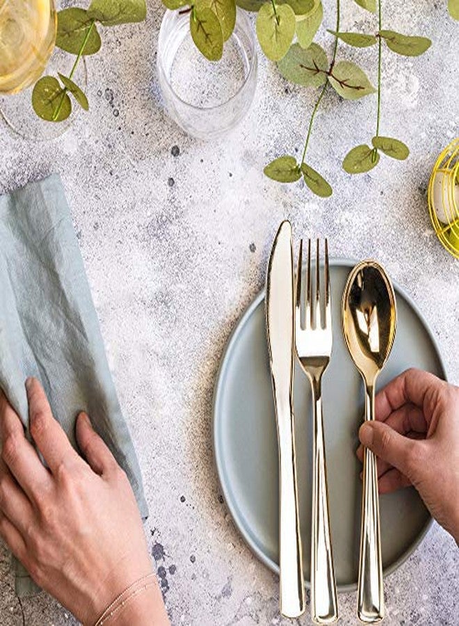 MATANA - 180 Gold Plastic Silverware Set (60 Knives 60 Forks 60 Spoons) Bulk Reusable Gold Plastic Cutlery Utensils for Party, Wedding, Dinner, Heavy Duty - Image 3