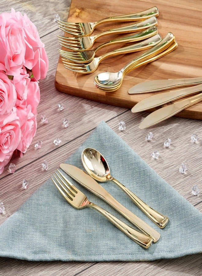 MATANA - 180 Gold Plastic Silverware Set (60 Knives 60 Forks 60 Spoons) Bulk Reusable Gold Plastic Cutlery Utensils for Party, Wedding, Dinner, Heavy Duty - Image 4