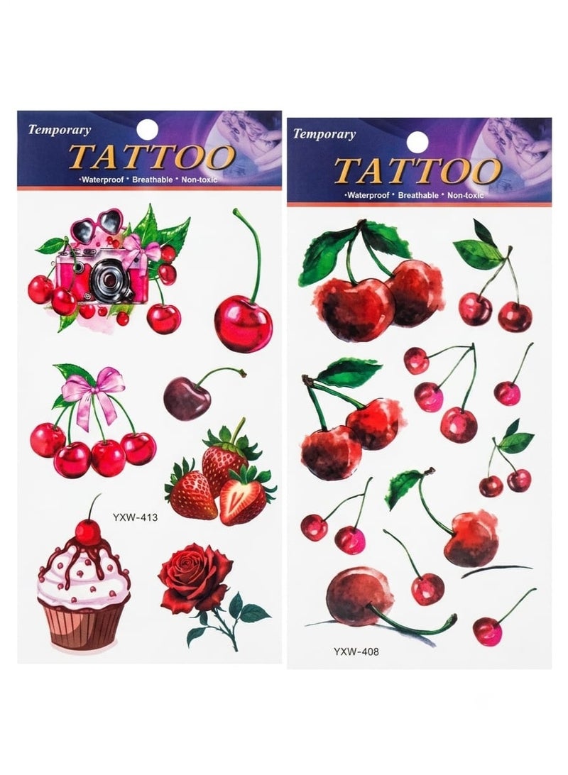 Waterproof Temporary Tattoos – Cute and trendy lip, cherry, and bow designs; suitable for the body and face for women - 2Sheets