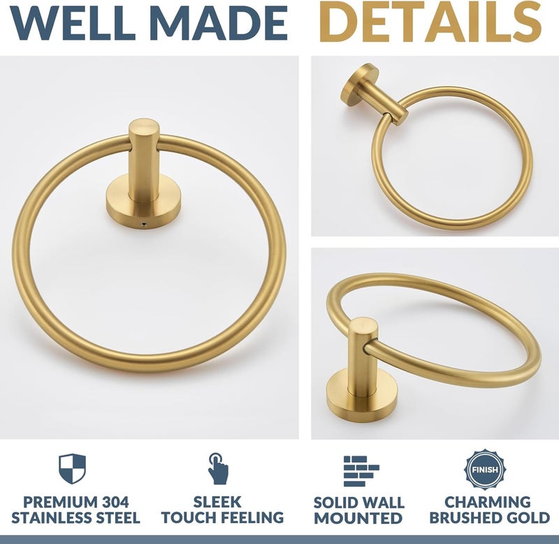 APLusee Brushed Gold Hand Towel Ring, 304 Stainless Steel Flexible Round Towel Holder for Bathroom Kitchen, Wall Mounted - Image 5
