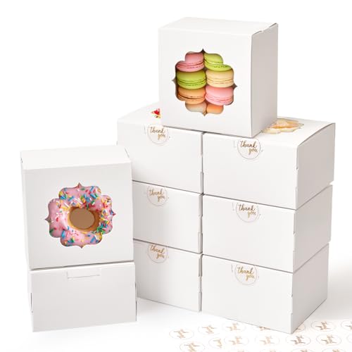 Shallive 4Inch Small Cookie Boxes 25 Pcs White Bakery Treat Boxes with Window for Gifting Togo Containers for Cake Slice Macarons Donuts 4x4x25 - Image 2