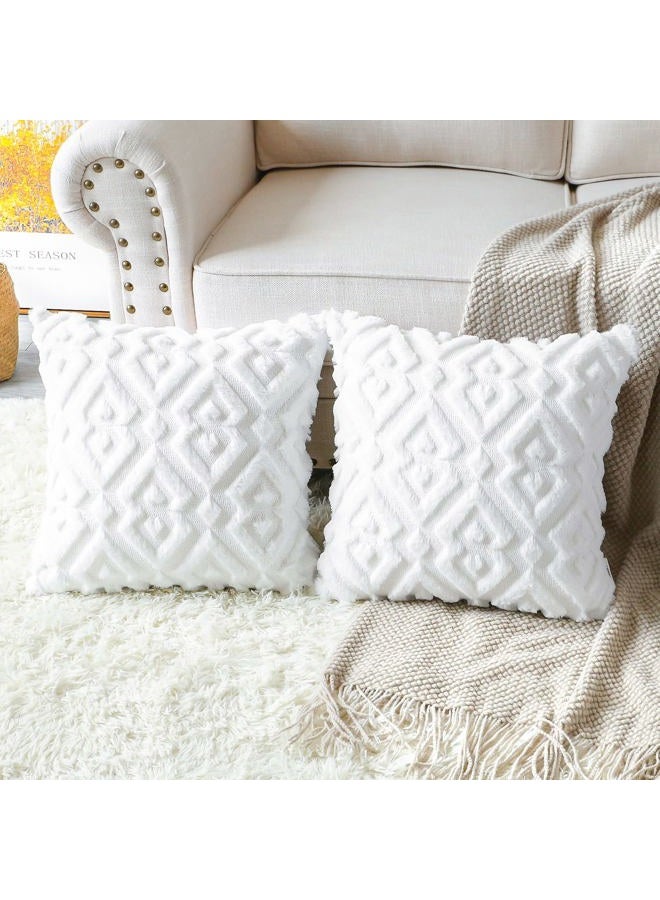 Artscope Pack of 2 Soft Plush Short Wool Velvet Decorative Throw Pillow Covers Luxury Style Cushion Covers European Pillow Shell for Sofa Bedroom Diamond Shape Pure White, 14x14 Inch  - Image 2