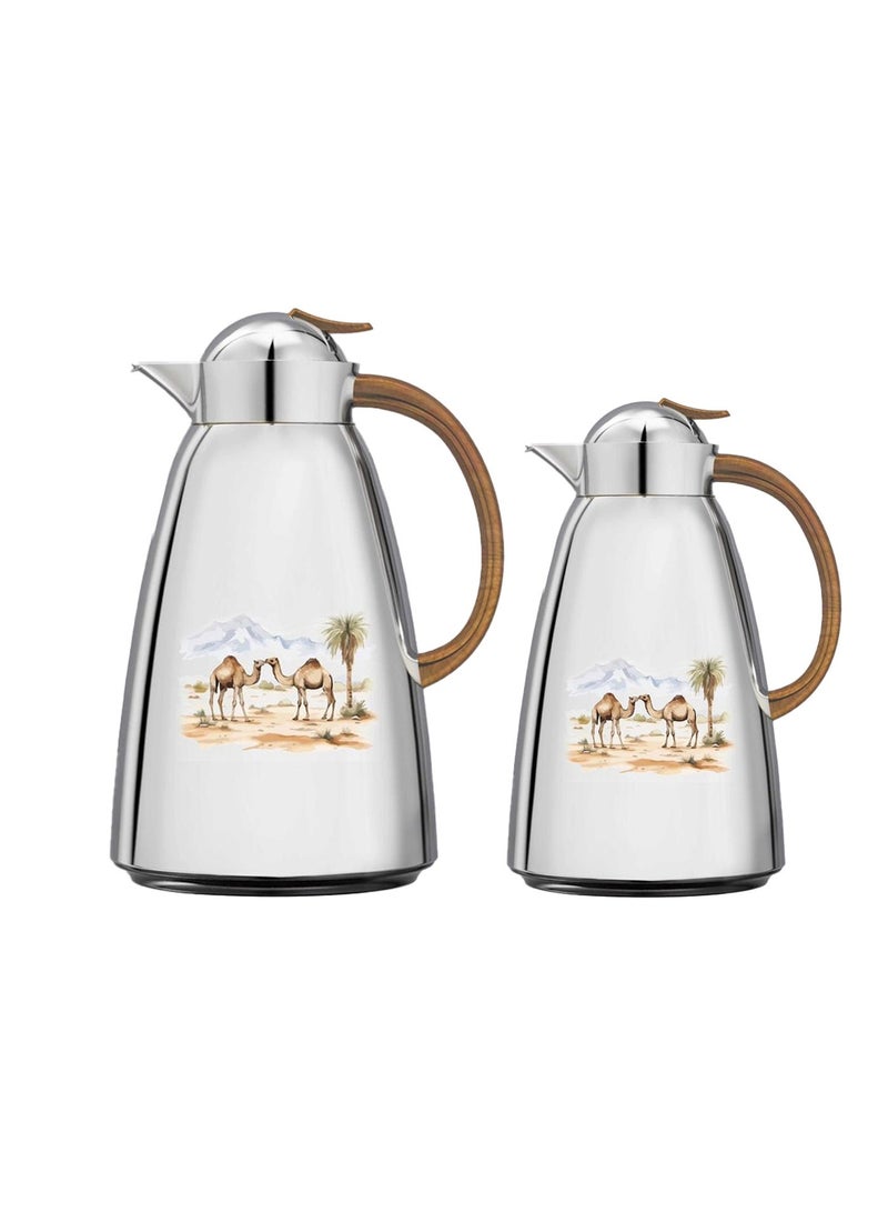 Saif Plus Stainless Steel Tea & Coffee 2 Pcs Thermos/Flasks Set. 1 Liter & 700ML- Chrome Wooden - Image 3