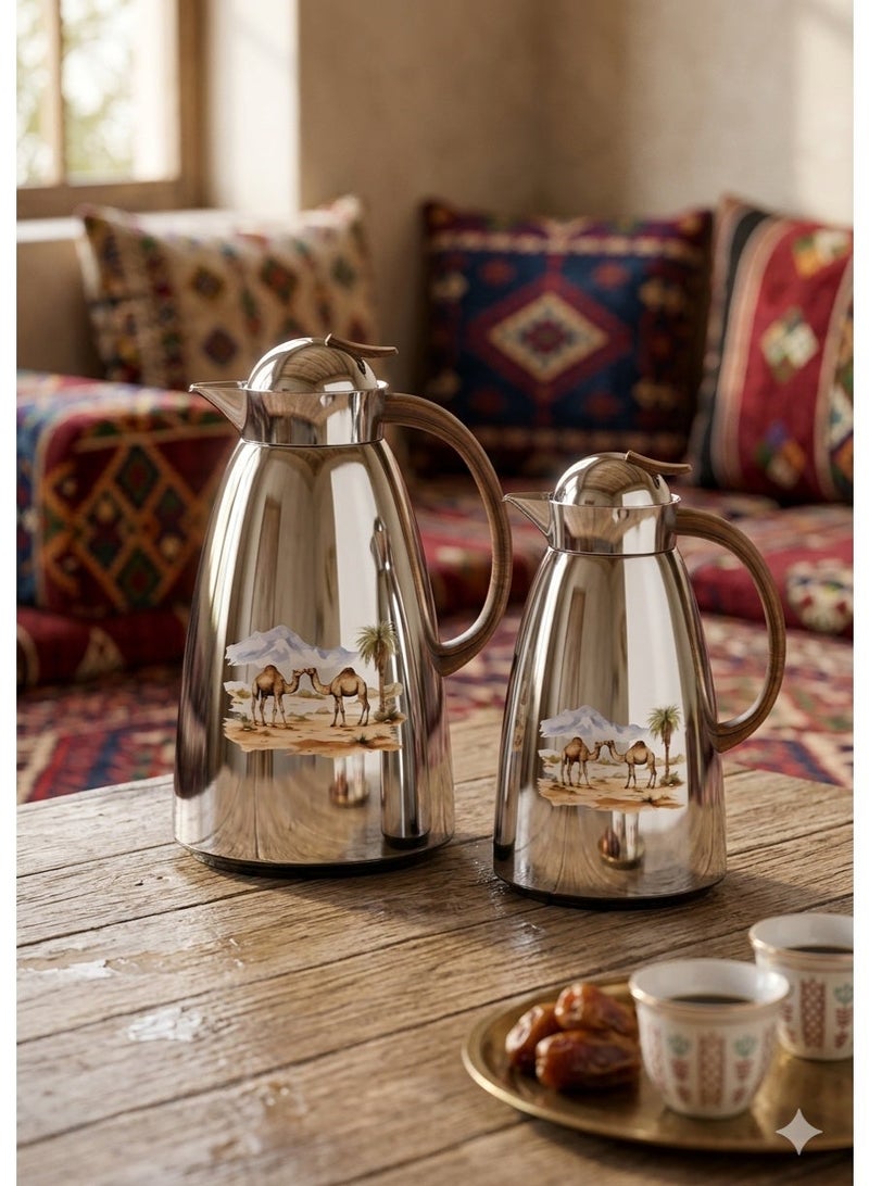 Saif Plus Stainless Steel Tea & Coffee 2 Pcs Thermos/Flasks Set. 1 Liter & 700ML- Chrome Wooden - Image 1