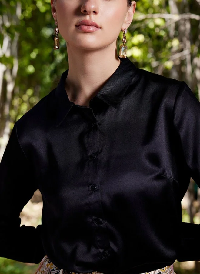 STREET 9 Black Comfort Spread Collar Casual Shirt for Women