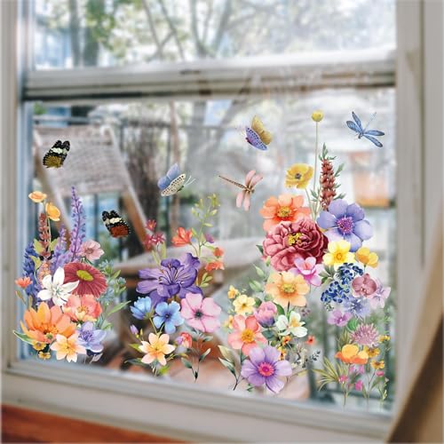 WALPLUS Spring Window Clings Spring Decorations Flower Window Clings Reusable Removable for Glass Windows Living Room Nursery Room Home Colourful Flowers with Dragonflies and Butterflies 44 Pieces - Image 1