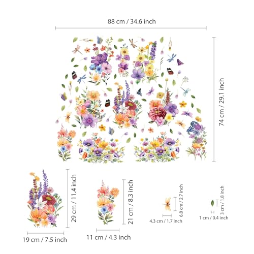 WALPLUS Spring Window Clings Spring Decorations Flower Window Clings Reusable Removable for Glass Windows Living Room Nursery Room Home Colourful Flowers with Dragonflies and Butterflies 44 Pieces - Image 3